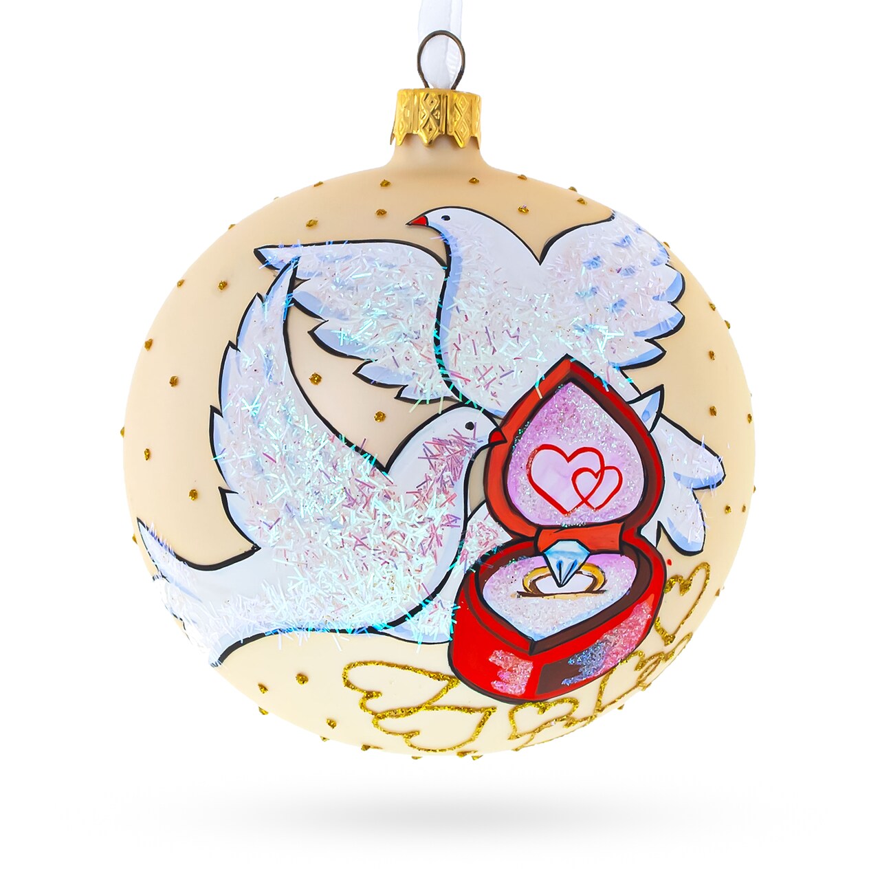 Doves and Wedding Ring Glass Ball Christmas Ornament 4 Inches